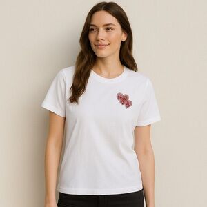NWT Cynthia Rowley Double Heart Beaded T-Shirt XS